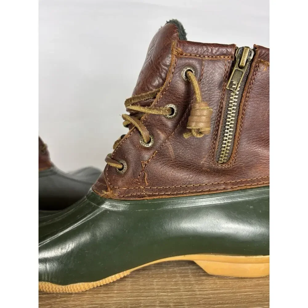 Sperry Top-Sider Duck Boots Womens 7 Brown Leather Green Waterproof Fleece Zip
